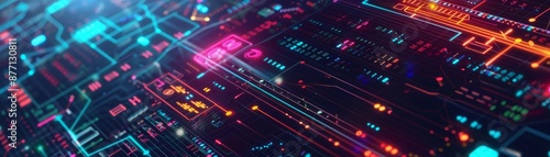 Futuristic circuit board with neon lights showcasing advanced technology and digital innovation. Perfect visual for tech and electronics themes.