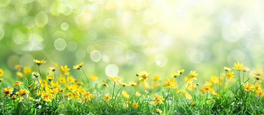 Fototapeta premium Blurry abstract background featuring yellow flowers, with a green lawn in the copy space image.