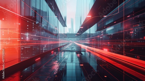 Futuristic digital cityscape with glowing red and blue lights, representing advanced technology and high-speed data transmission.