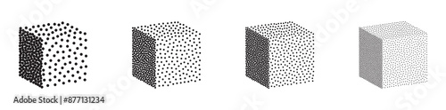 Set of 3D cubes in halftone dotwork style. Vector illustration