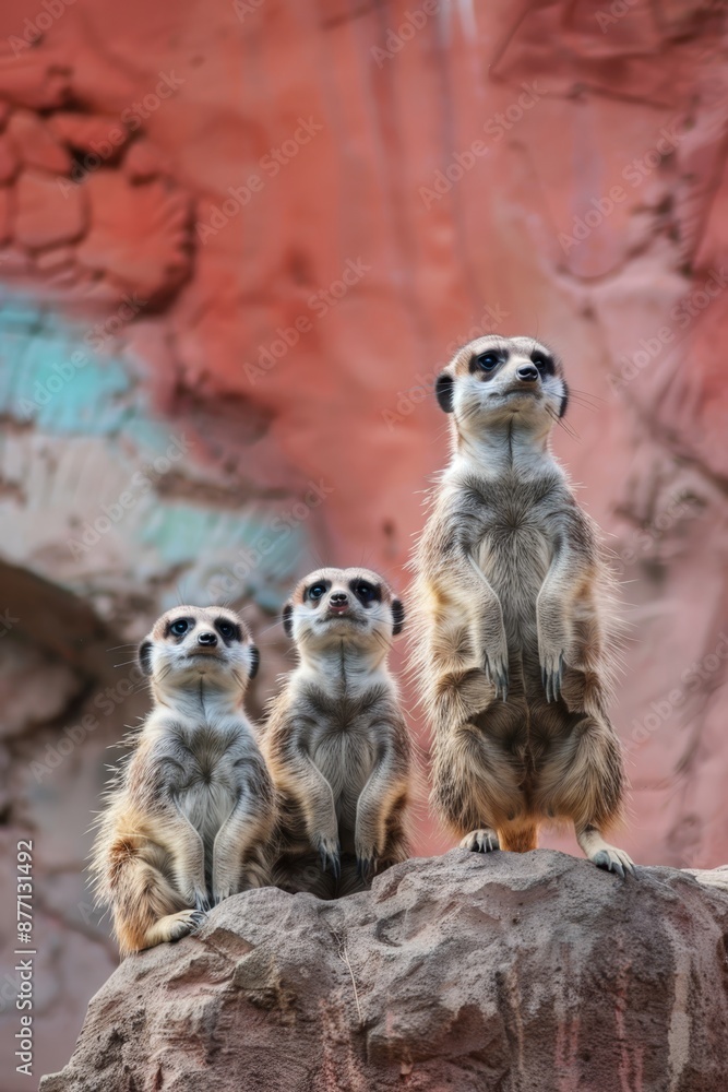 Fototapeta premium Three meerkats seated on a rock before red rock formation's backdrop