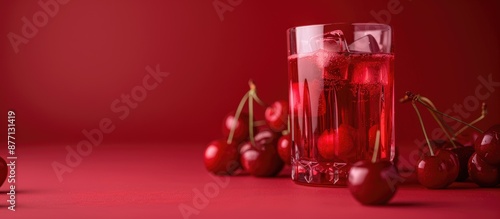 Cherries were used to create a rich, fresh cherry juice. In the copy space image, a glass filled with vibrant red cherry juice is perfectly captured. photo