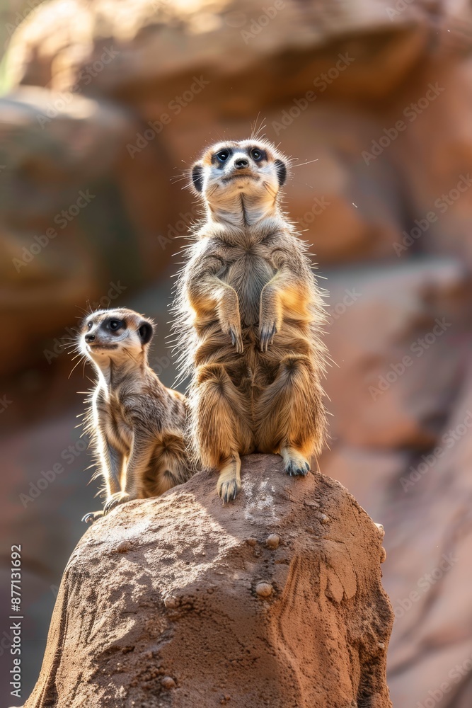 Fototapeta premium A group of meerkats atop a rock before a rocky backdrop with scattered stones