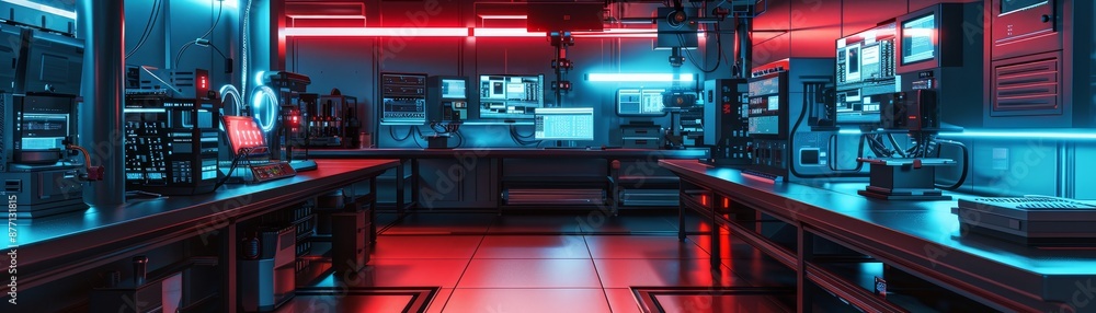 Modern high-tech lab with futuristic equipment and ambient red-blue lighting, showcasing advanced technology and innovation. Modern high-tech lab with futuristic equipment and ambient red-blue lighting, showcasing advanced technology and innovation.