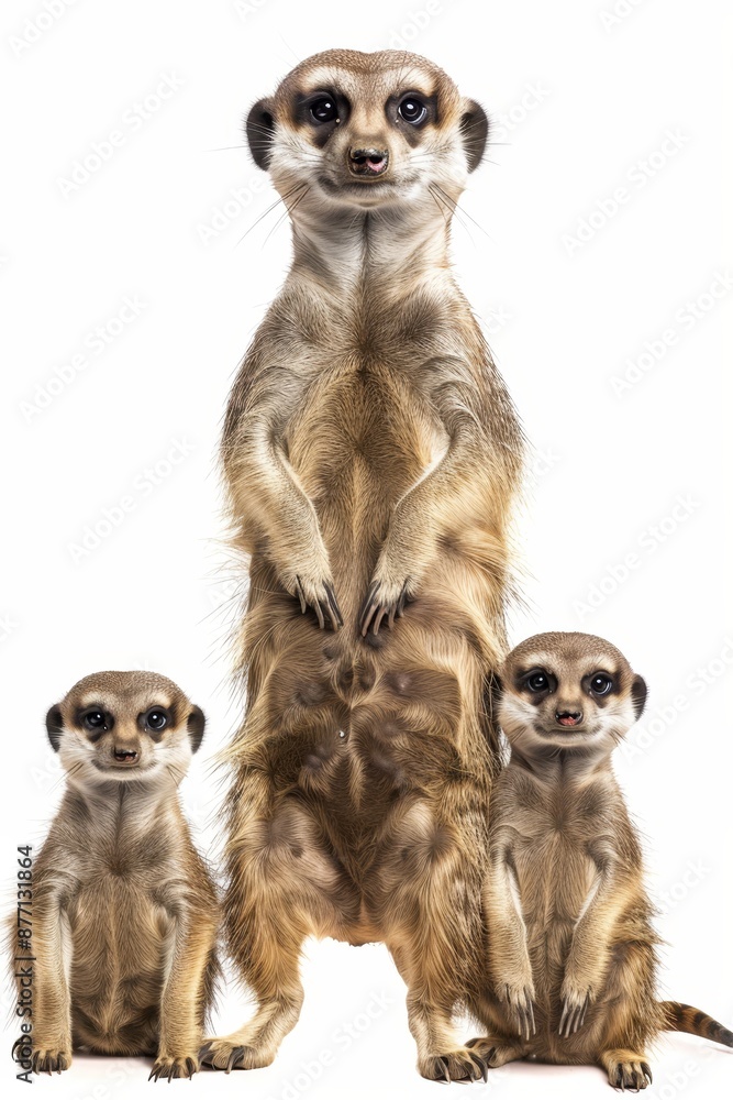Three meerkats standing together on a white background Three meerkats standing together on a white background