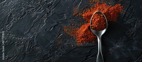 A spoonful of paprika on a dark surface with ample copy space image. photo