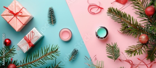 A festive scene with beauty items, holiday presents, and evergreen branches on a colorful backdrop, perfect for a copy space image. photo