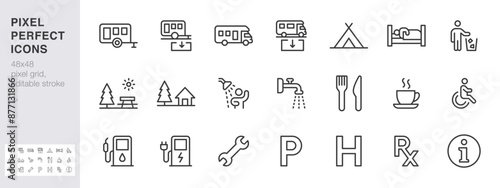 Camping line icon set. Trailer parking, caravan dump station, tent, shower, motor home minimal vector illustrations. Simple outline signs for road information. 48x48 Pixel Perfect Editable Stroke