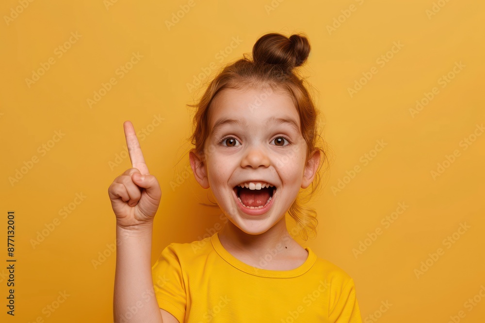 Portrait of happy child with open mouth smiling and gesturing up with index finger Portrait of happy child with open mouth smiling and gesturing up with index finger