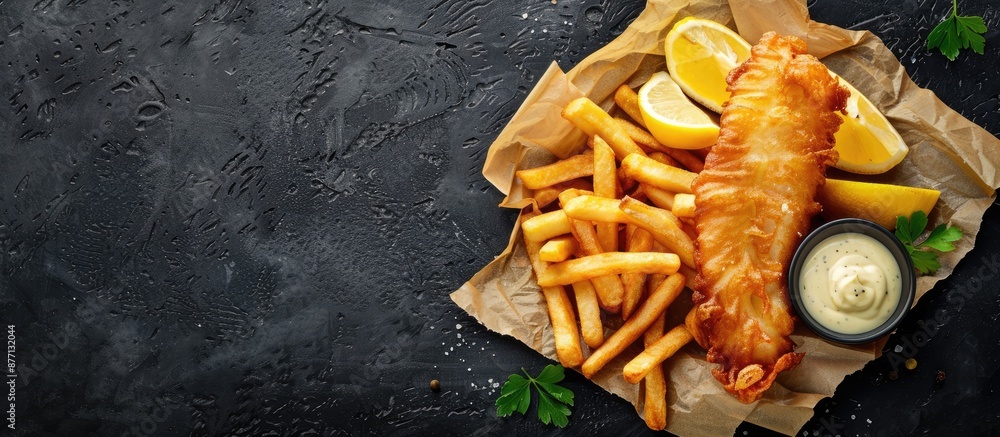 Traditional English food, fish and chips, displayed from a top view on a black background with ample space for text or images.