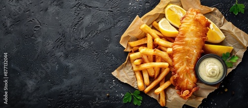 Traditional English food, fish and chips, displayed from a top view on a black background with ample space for text or images.
