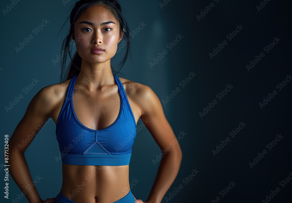 Obraz premium a asia woman with abdominal muscles on plain studio background, arms at side, wearing blue Sport clothes