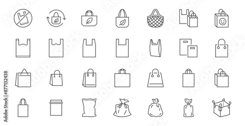 Plastic bag line icon set. Recyclable polyethylene, shopping pouch, zipper lock, garbage disposal minimal vector illustrations. Simple outline signs for paper package. Editable Stroke