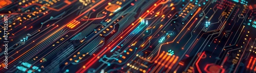 Vibrant abstract depiction of a futuristic circuit board with colorful glowing lights, representing technology, data, and modern innovation.