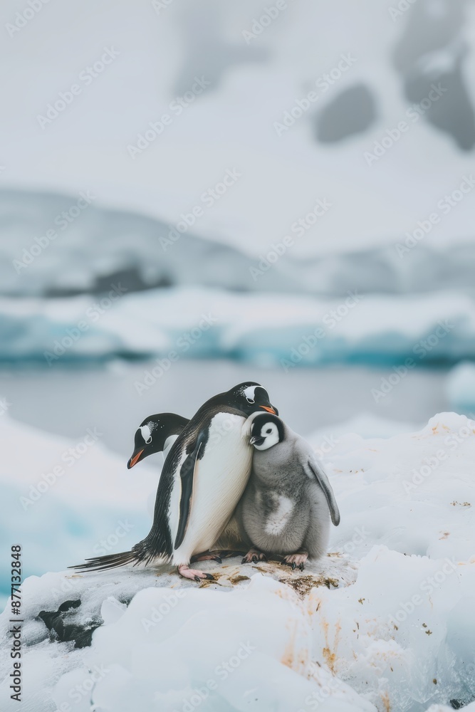 Naklejka premium A few penguins perch atop a snowy mound, beside a water body with icebergs in the backdrop