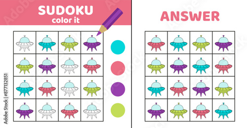 Sudoku with flying saucer. Coloring sudoku with flying sauser. Cartoon