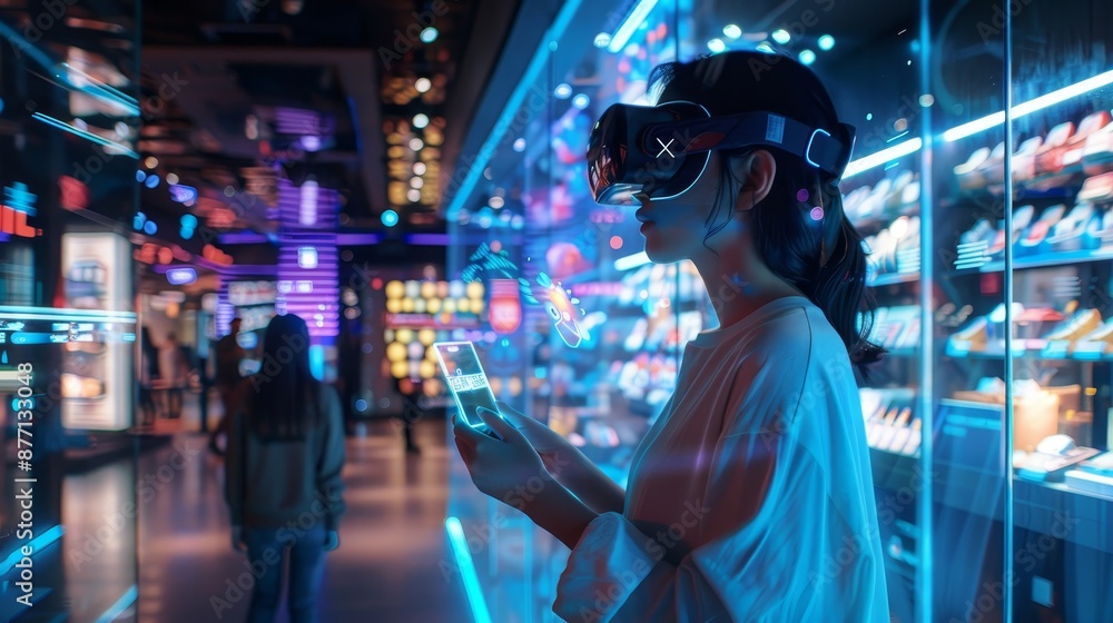 Woman wearing virtual reality headset explores futuristic immersive digital experience with interactive holograms in a high-tech environment. Woman wearing virtual reality headset explores futuristic immersive digital experience with interactive holograms in a high-tech environment.