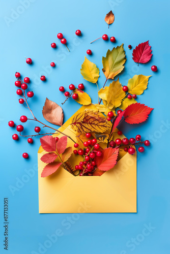 Encharted autumn leaves and berries explosion out of yellow envelope on blue background. Flat lay style, high resolution photography, professional color grading, soft shadows and no contrast for comme photo