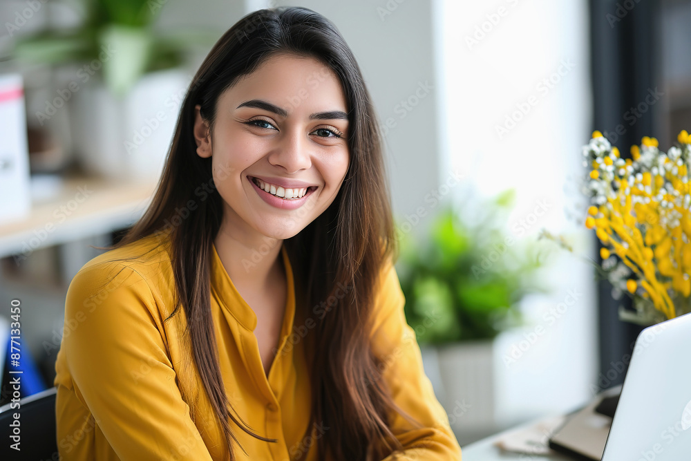 Happy Woman Working on Laptop in Modern Office Workspace