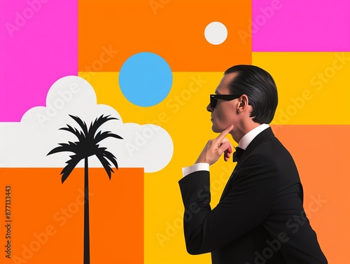 Man in suit and sunglasses against colorful background with palm tree, clouds, and geometric shapes, assimilating a retro futuristic vibe. photo