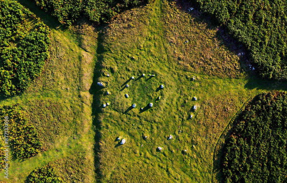 The Druids Circle 4km S of Ulverston, Cumbria. aka Sunbrick, Birkrigg Common. Damaged. Bronze Age double circle. Cremation site. North at 2 o’clock