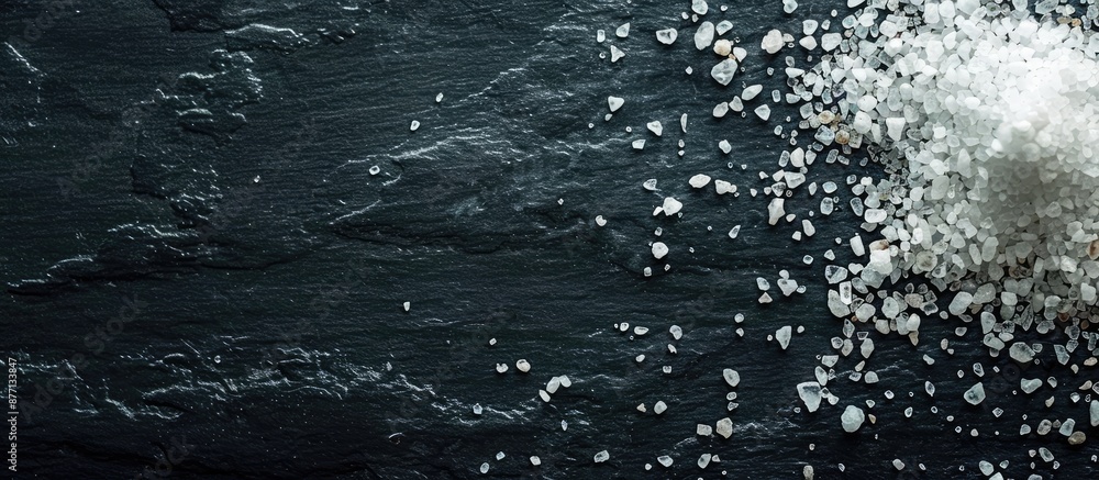 Sea salt grains sprinkled on a dark surface with ample copy space image. Sea salt grains sprinkled on a dark surface with ample copy space image.