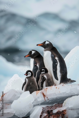 A group of penguins stands atop an ice float, with a towering mountain behind them and a body of water in the background
