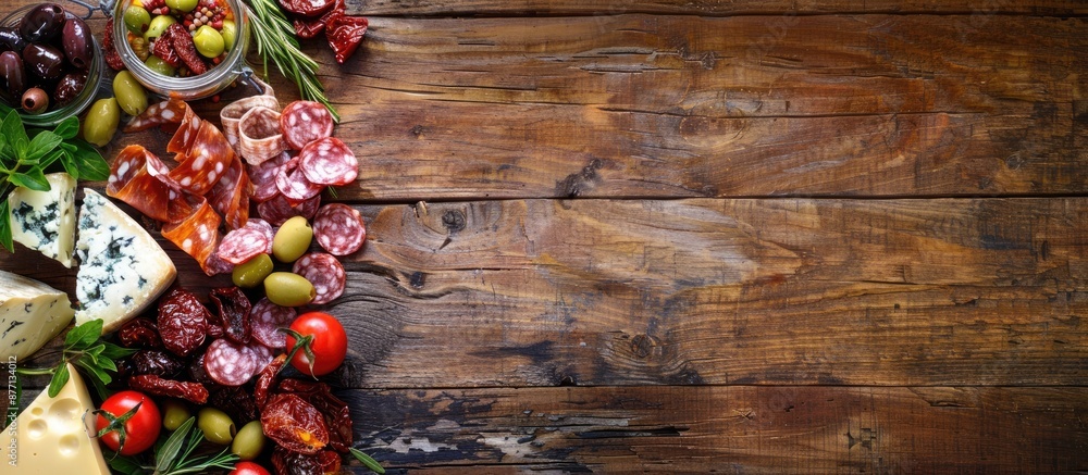 Cheese and charcuterie selection with sun-dried tomatoes, olives, and herbs on a rustic wooden table. Background for a menu with copy space image.