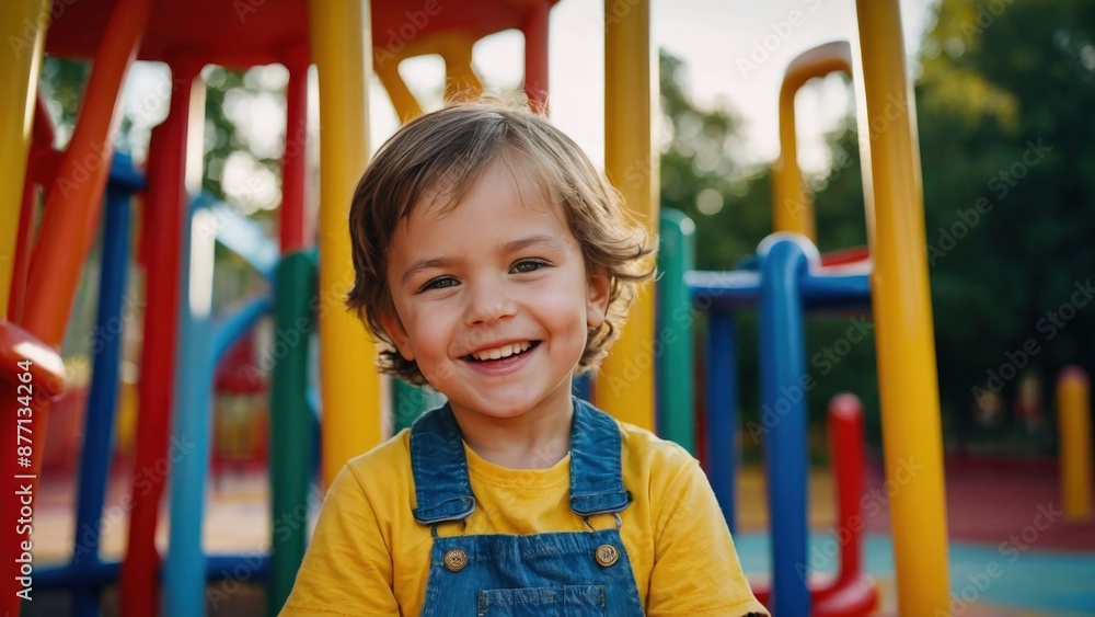 A young boy with a big smile playing at a colorful playground on a sunny day. A young boy with a big smile playing at a colorful playground on a sunny day.
