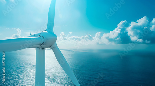 A close-up of an offshore wind turbine with large blades set against a clear blue sky and calm ocean.