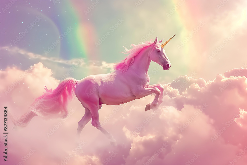 pink unicorn with golden horn running on the rainbow in the sky suronded by clouds, dreamy, sureal photography pink unicorn with golden horn running on the rainbow in the sky suronded by clouds, dreamy, sureal photography