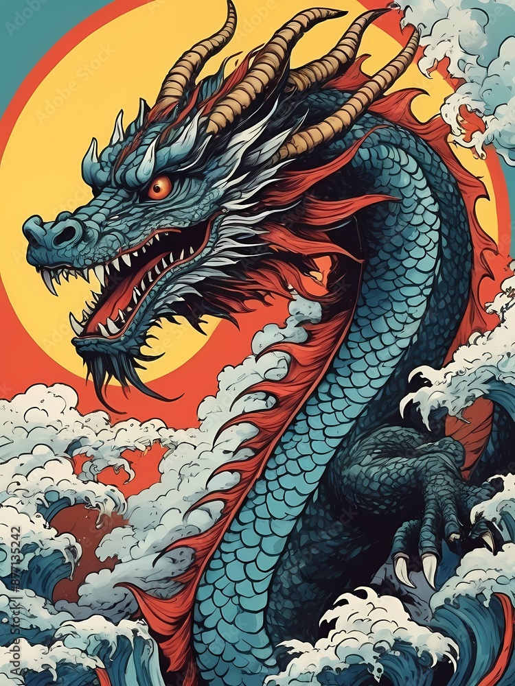Fototapeta premium Japanese Dragon Pop Art Style generative AI illustration