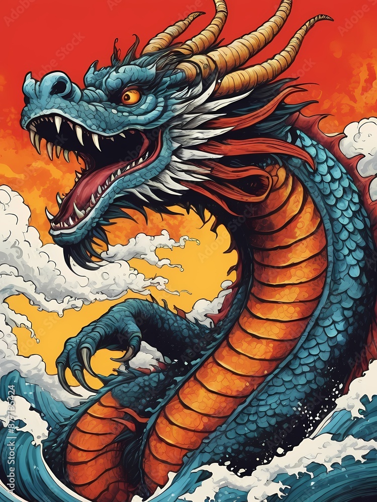 Obraz premium Japanese Dragon Pop Art Style generative AI illustration
