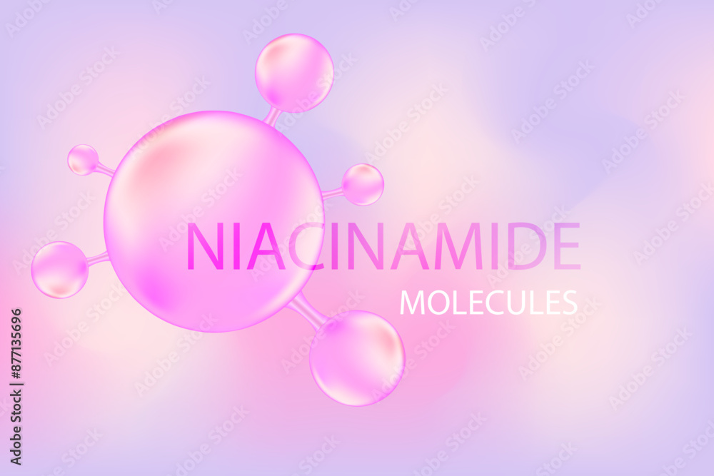 Aesthetic purple niacinamide molecule background, beauty molecule wallpaper, moisturizer serum, toner or cream gel chemical formula. Beauty treatment nutrition skincare backdrop with copy space. Scien Aesthetic purple niacinamide molecule background, beauty molecule wallpaper, moisturizer serum, toner or cream gel chemical formula. Beauty treatment nutrition skincare backdrop with copy space. Scien