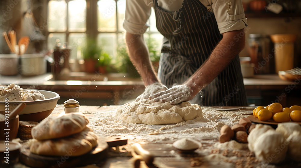 baker kneads dough on a floured surface in a rustic kitchen, surrounded by fresh ingredients and bread baker kneads dough on a floured surface in a rustic kitchen, surrounded by fresh ingredients and bread