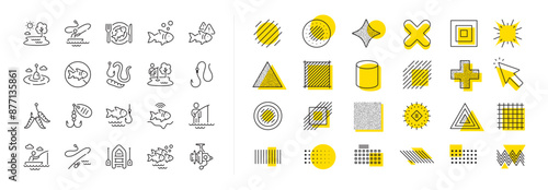 Inflatable boat, Worms or Maggot bait and Fishing rod set. Design shape elements. Fishing line icons. Float bobber, echo sounder and hook with worms line icons. Vector