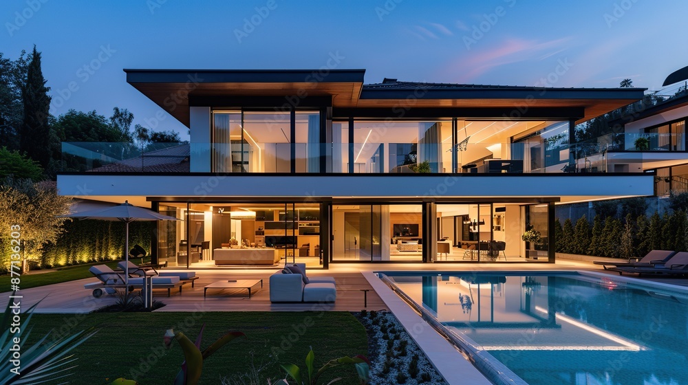 Obraz premium Elegant Modern Dining Room with Nighttime Ambiance and Outdoor Views