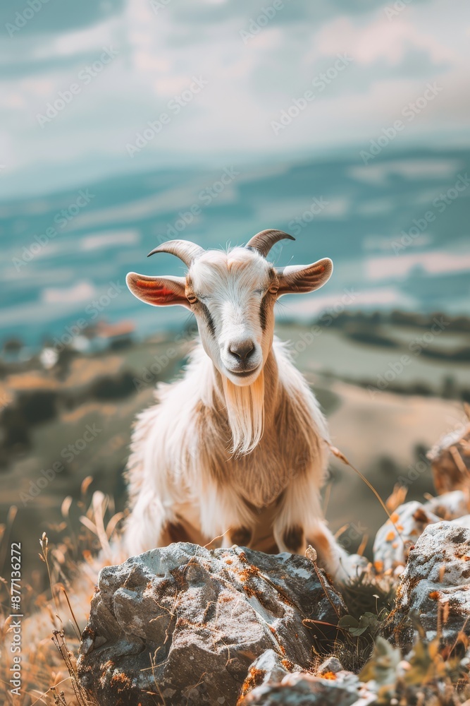Obraz premium Goat atop rocky hill overlooking body of water Sky in background