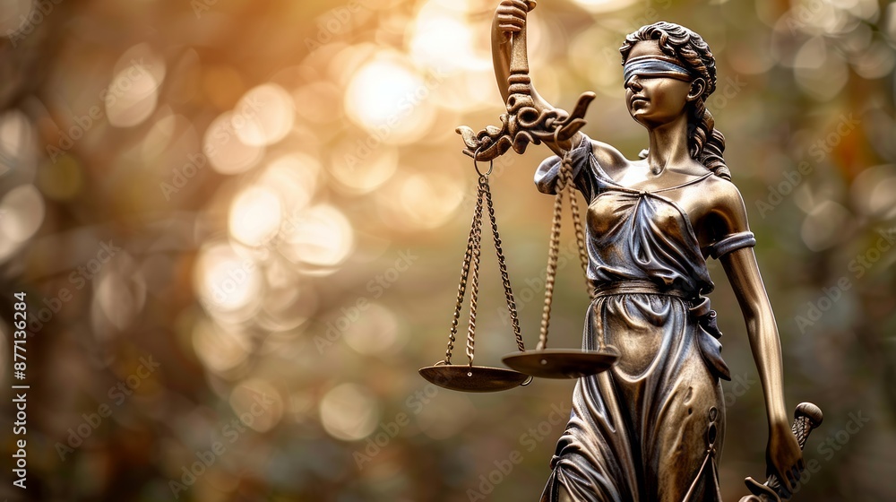 Lady Justice statue with scales of justice in a golden light Lady Justice statue with scales of justice in a golden light