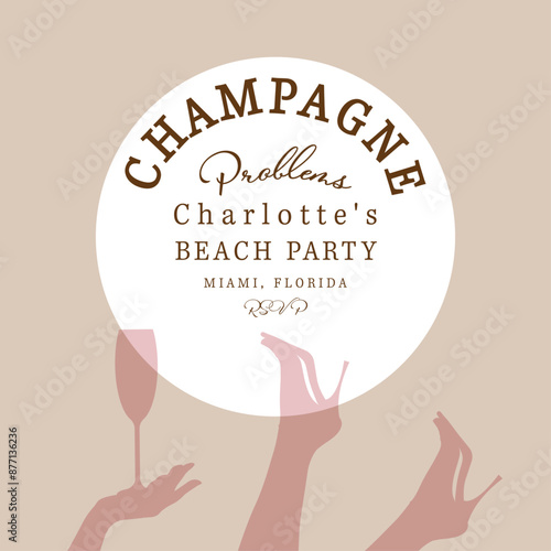 Hen-party invitation, bachelorette party.. Party invitation poster beach party. Womens day party. Ladies night flyer or banner design. Vector illustration in shiny golden tones.