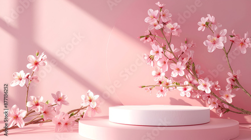 Background podium spring flower product beauty pink display nature. podium stand background scene floral mockup cosmetic white blossom ai generative © Nazia
