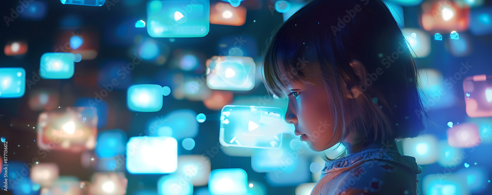 child in front of vitrual screen using artificial intelligence. Concept of cyberspace and future education. child in front of vitrual screen using artificial intelligence. Concept of cyberspace and future education.