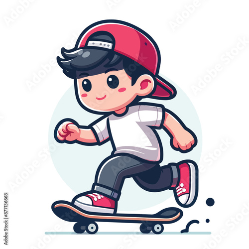 cartoon of a cute boy skateboarding