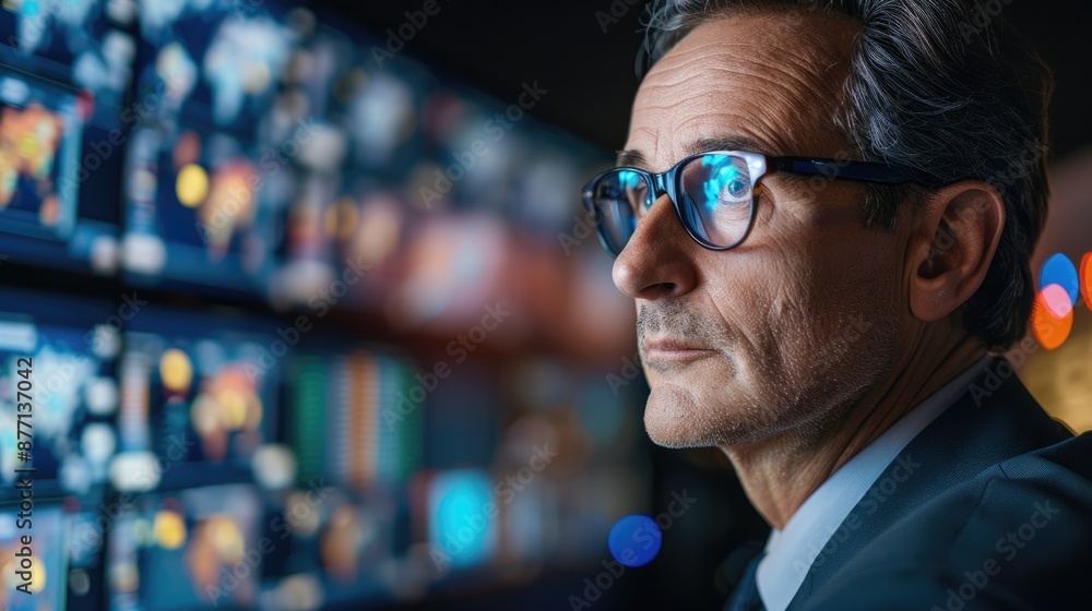 Modern Logistics Manager Monitoring Operations in Control Room with High-Tech Displays and Soft Office Lighting Modern Logistics Manager Monitoring Operations in Control Room with High-Tech Displays and Soft Office Lighting