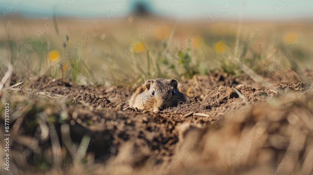 A small rodent emerges from a hole in the ground, situated in a sprawling field A small rodent emerges from a hole in the ground, situated in a sprawling field