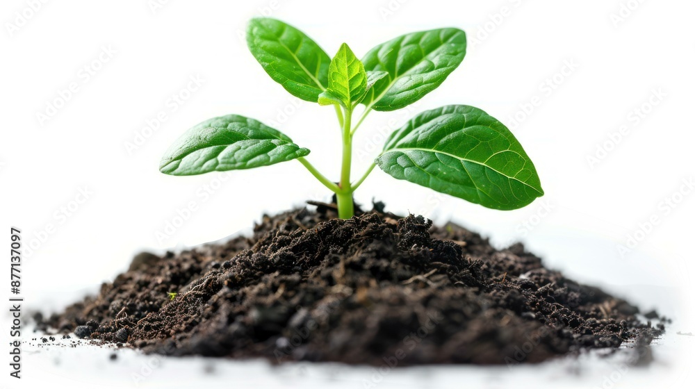 Close-up of a young plant sprout with green leaves growing from fertile soil, symbolizing new growth and development against a white background. Close-up of a young plant sprout with green leaves growing from fertile soil, symbolizing new growth and development against a white background.