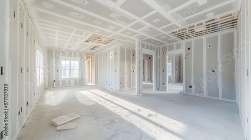 Drywall Installation During House Construction Process for Interior Finishing