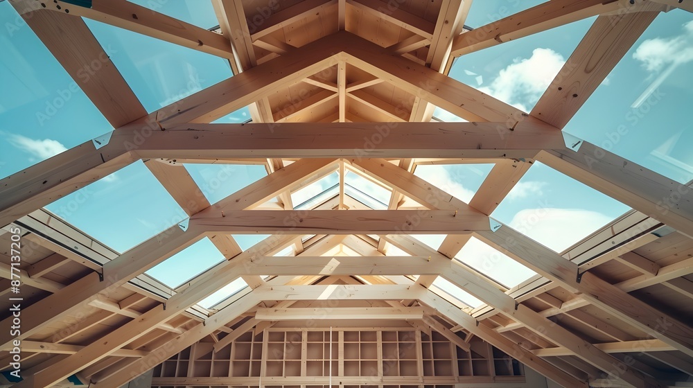 Fototapeta premium Wooden Roof Trusses on House Under Construction with Residential Framing Structure