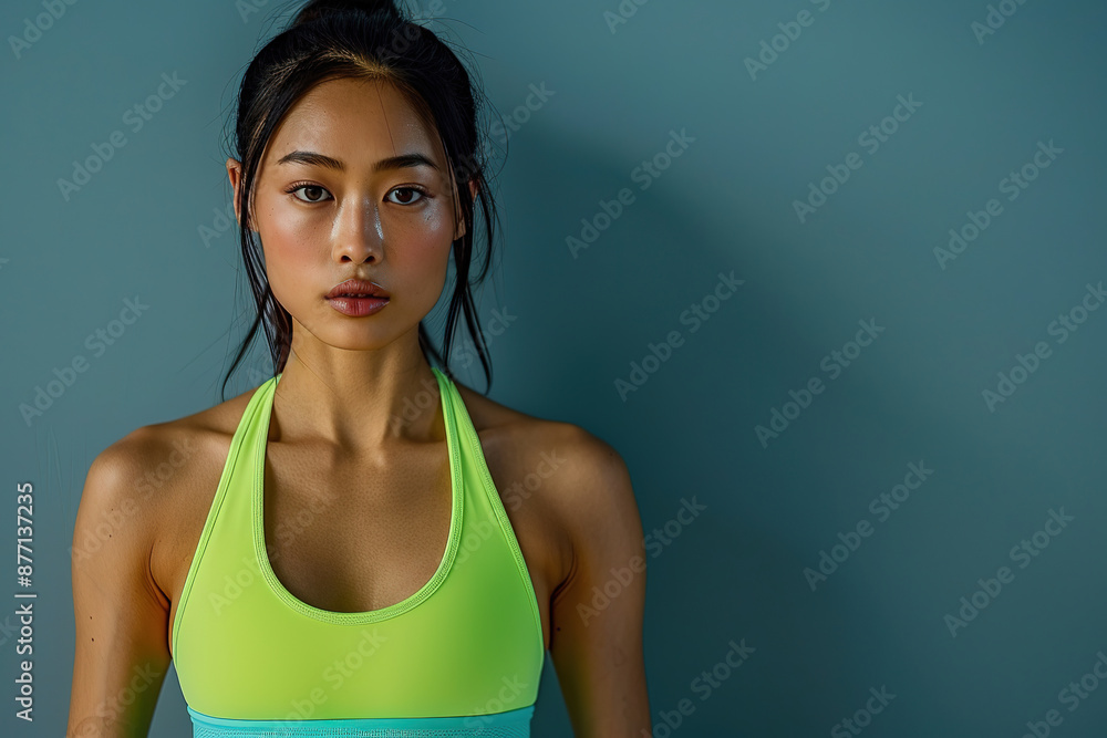 a asia woman with abdominal muscles on plain studio background, arms at side, wearing neon green Sport clothes a asia woman with abdominal muscles on plain studio background, arms at side, wearing neon green Sport clothes