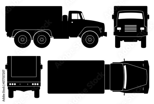 Military truck silhouette on white background. Vehicle icons set view from the side, front and back.